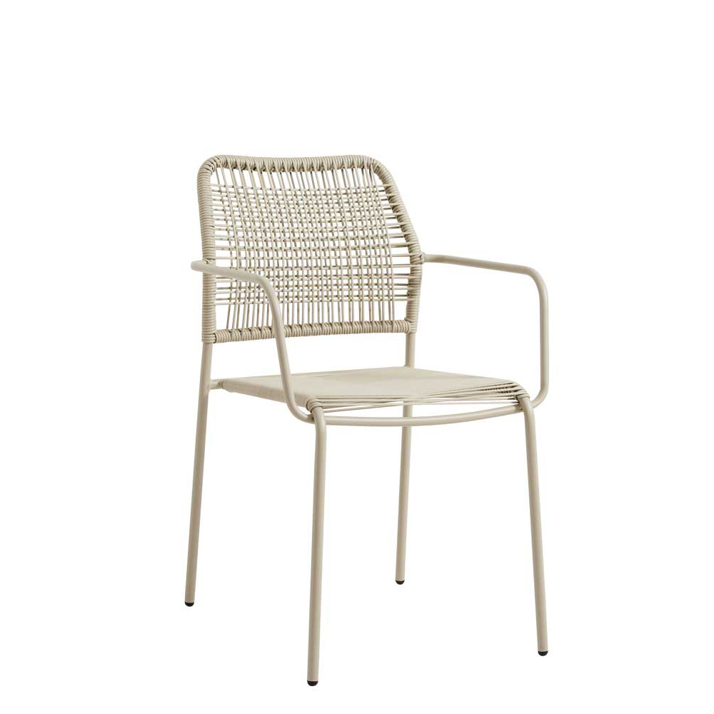 gastronomie-terrassenstuhl_Cordone-Greige_v Outdoorstuhl Cordone Greige mit Stahlgestell und naturfarbenem Kunststoffgeflecht für den Außenbereich