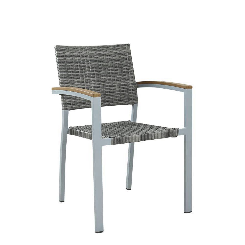 Terrassenstuhl Verbania Mixed Grey mit Rattan-Geflecht, weißem Gestell und Armlehnen in Holzoptik