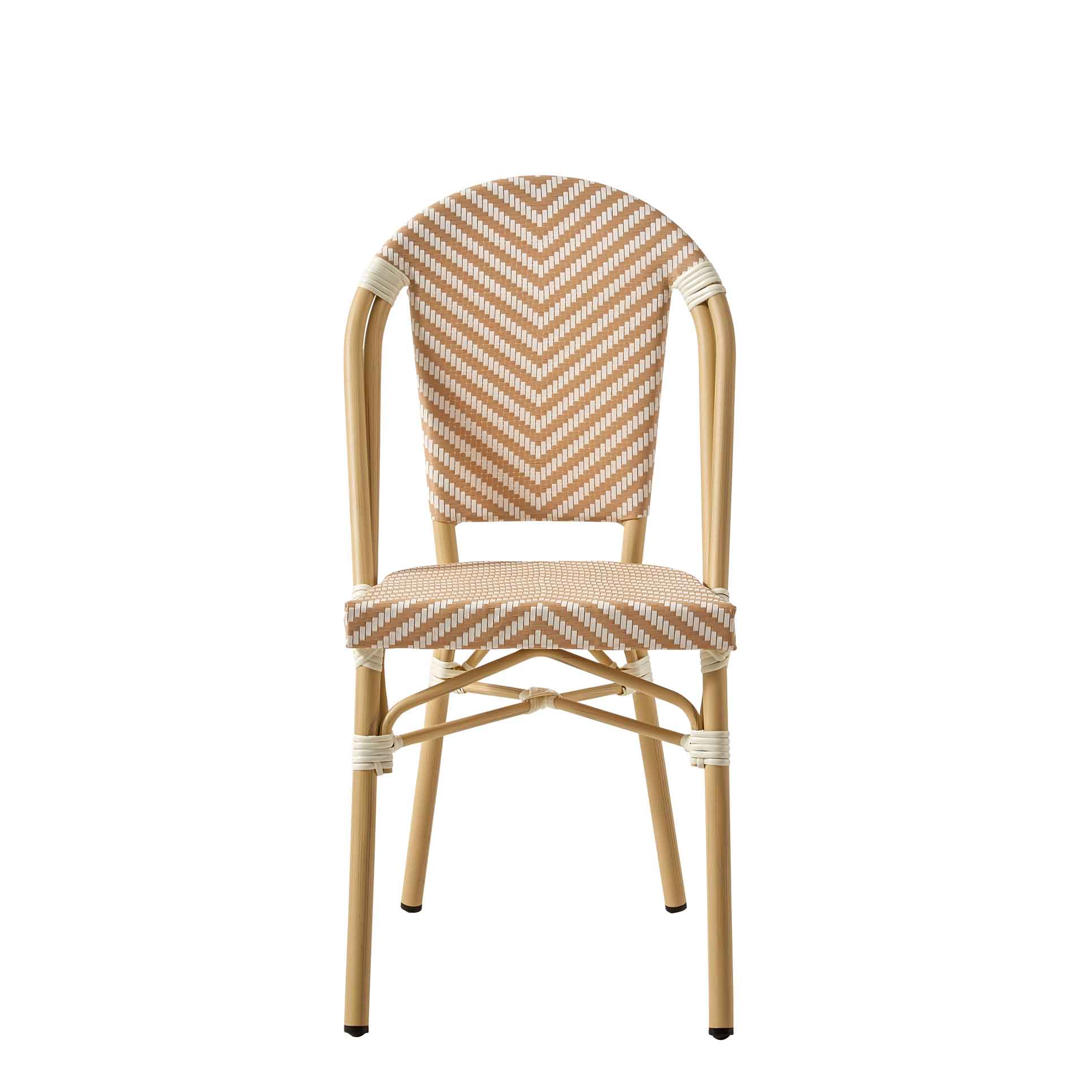 terassenstuehle_stapelbar_zypern_cream_white_frontal Zypern Cream White Outdoorstuhl mit Rückenlehne mit beige-weißem Flechtmuster in Rattan-Optik - Frontalansicht