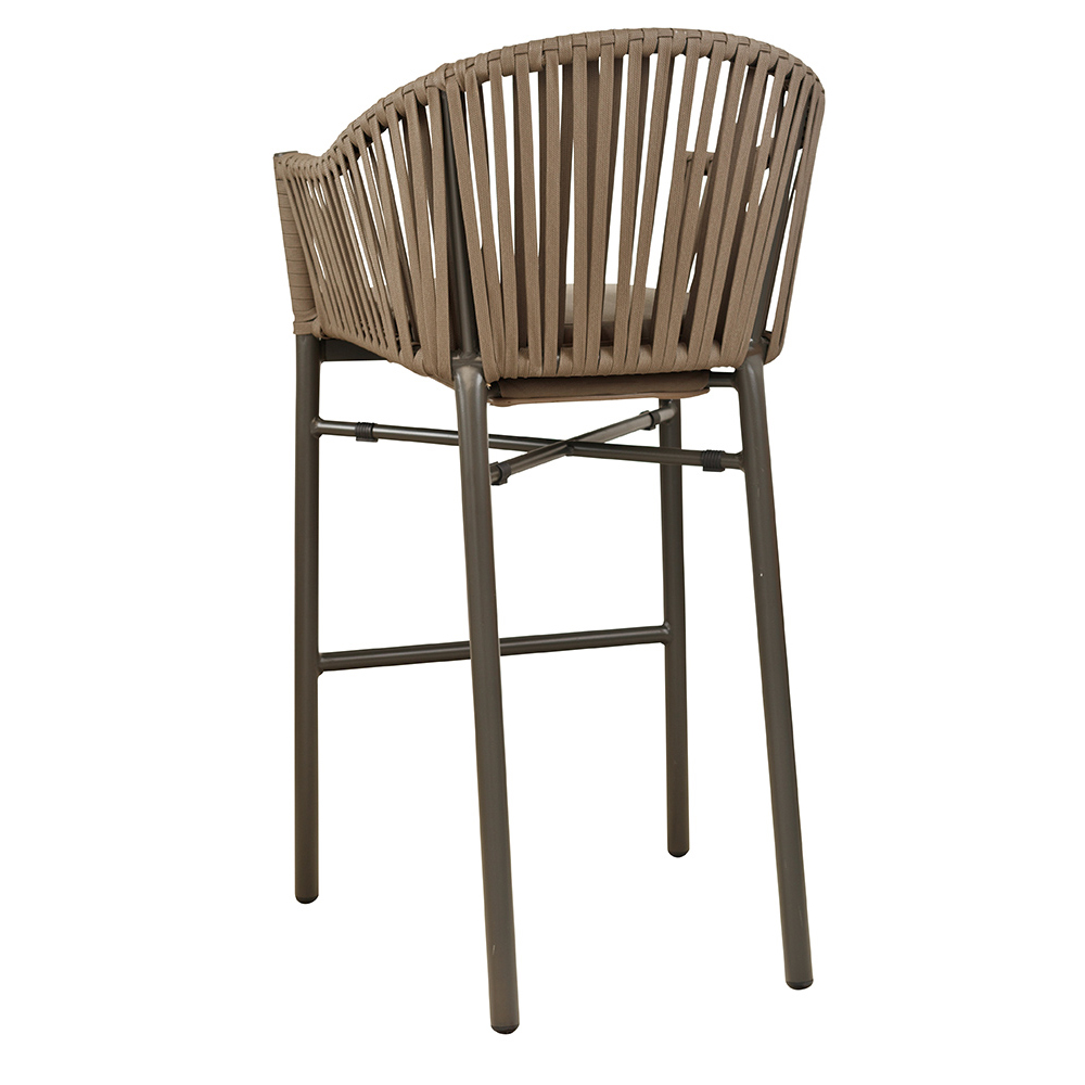 Outdoor-Barhocker Ramila-Bar Taupe mit Aluminiumgestell und grauem Sitzkissen Rückansicht