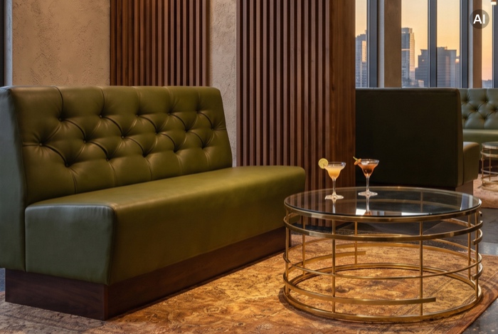 Grüne Lounge-Bank mit runden Couchtischen
