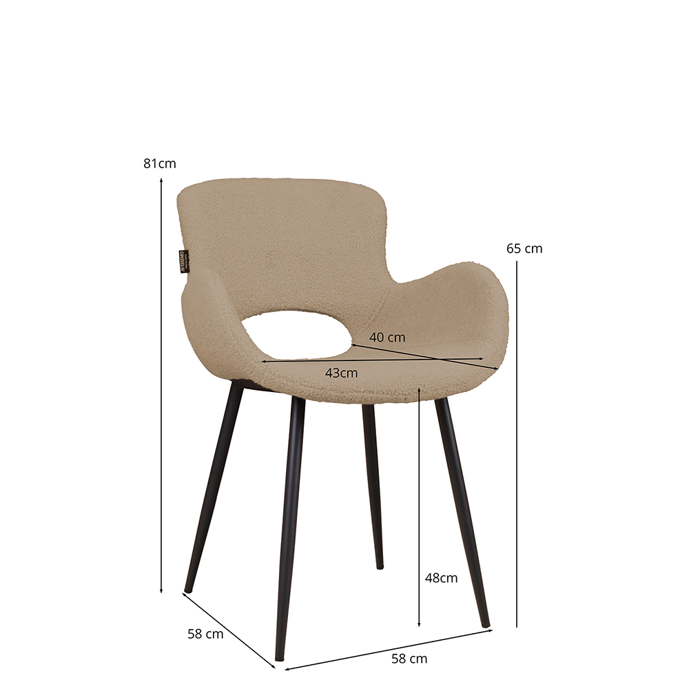 Stuhl Alero mit Maßangaben für Sitzhöhe, Breite, Tiefe und Armlehnenhöhe