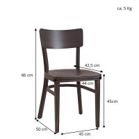 Holzstuhl Lugona, Vorderansicht: klassischer Restaurantstuhl aus dunkel gebeiztem Holz mit breiter Rückenlehne. Holzstuhl Lugona, Vorderansicht: klassischer Restaurantstuhl aus dunkel gebeiztem Holz mit breiter Rückenlehne.