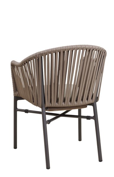 Gastronomie Terrassenstuhl Ramila-48 Taupe als moderner, wetterfester Outdoorstuhl mit Geflecht und Kissen auf Metallgestell Rückenansicht