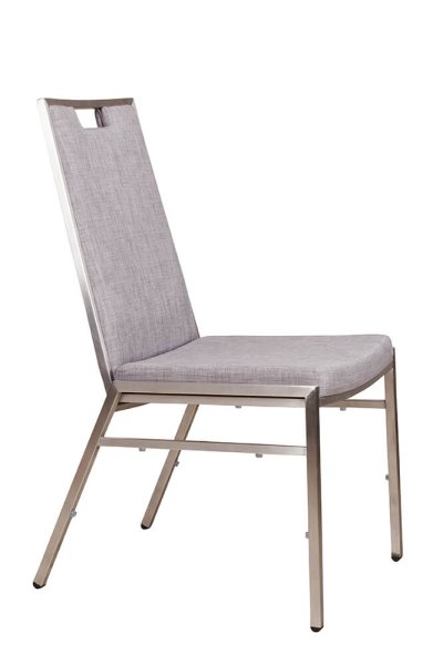 Bankettstuhl Arano mit Metallgestell und grauer Polsterung, stapelbar