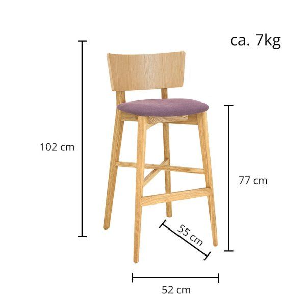 Massiver Barhocker Dimoni-Bar-P mit gepolsterter Sitzfläche und Eichenholzgestell mit Maßen