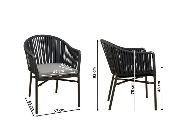 Terrassenstuhl Ramila-48 Dark Grey mit beigem Aluminiumgestell und Textilen-Rücken, stapelbar und wetterfest für Gastronomie Mit Bemaßung