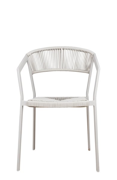 Outdoorstuhl Sponto-X Greige in Frontalansicht mit rundem Rücken und Kunststoffgeflecht für Gastronomie