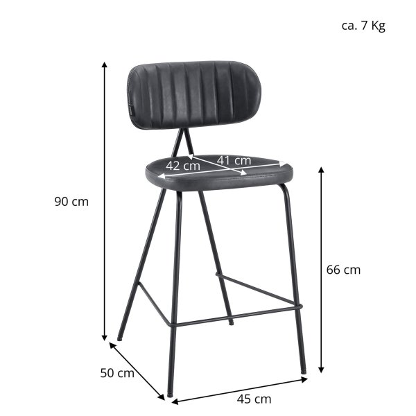 Polsterbarhocker für die Gastronomie Cuba-Bar-Nappa Mouse mit Maßangaben zu Sitzhöhe, Breite und Tiefe