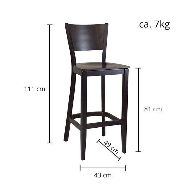 Klassischer Barhocker aus Buchenholz in dunklem Beizton mit Maßen