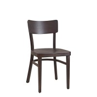 Holzstuhl Lugona, Vorderansicht: klassischer Restaurantstuhl aus dunkel gebeiztem Holz mit breiter Rückenlehne. Holzstuhl Lugona, Vorderansicht: klassischer Restaurantstuhl aus dunkel gebeiztem Holz mit breiter Rückenlehne.