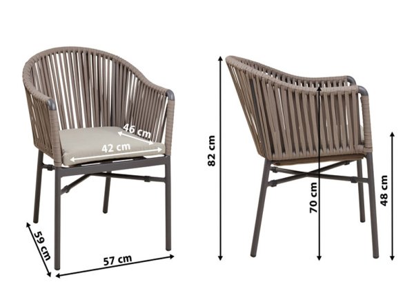 Gastronomie Terrassenstuhl Ramila-48 Taupe als moderner, wetterfester Outdoorstuhl mit Geflecht und Kissen auf Metallgestell mit Maßen