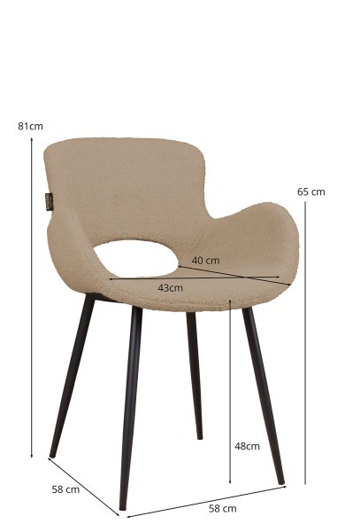 Stuhl Alero mit Maßangaben für Sitzhöhe, Breite, Tiefe und Armlehnenhöhe