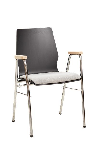 Konferenzstuhl Eruno-210-A50 mit Polstersitz, Holzlehne, Armlehnen und verchromtem Gestell Frontansichtr