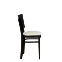 Vorschau: Muno-P, Seitenansicht: klassischer Holz-Gastronomiestuhl mit cremefarbenem Polstersitz und stabilen Querstreben. Vorschau: Muno-P, Seitenansicht: klassischer Holz-Gastronomiestuhl mit cremefarbenem Polstersitz und stabilen Querstreben.