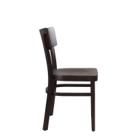 Vorschau: Holzstuhl Lugona, Seitenansicht: geformte Rückenlehne, Sitzmulde und Fußstreben aus dunkelbraunem Holz für Restaurants. Vorschau: Holzstuhl Lugona, Seitenansicht: geformte Rückenlehne, Sitzmulde und Fußstreben aus dunkelbraunem Holz für Restaurants.