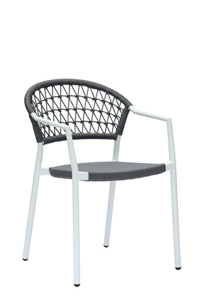 Outdoorstuhl Gio White-Grey mit Rope-Rückenlehne, Textylen-Sitz und weißem Aluminiumgestell, stapelbar und UV-beständig